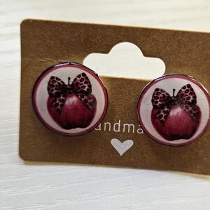 Handmade Apple With Leopard Print Bow Earrings